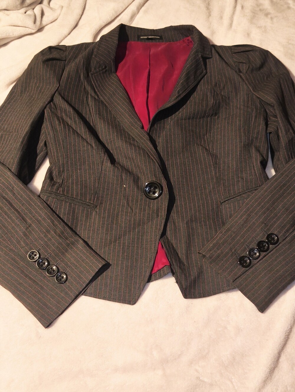 Express Design Studio Gray pinstripe blazer with pink lining size Medium/ Large